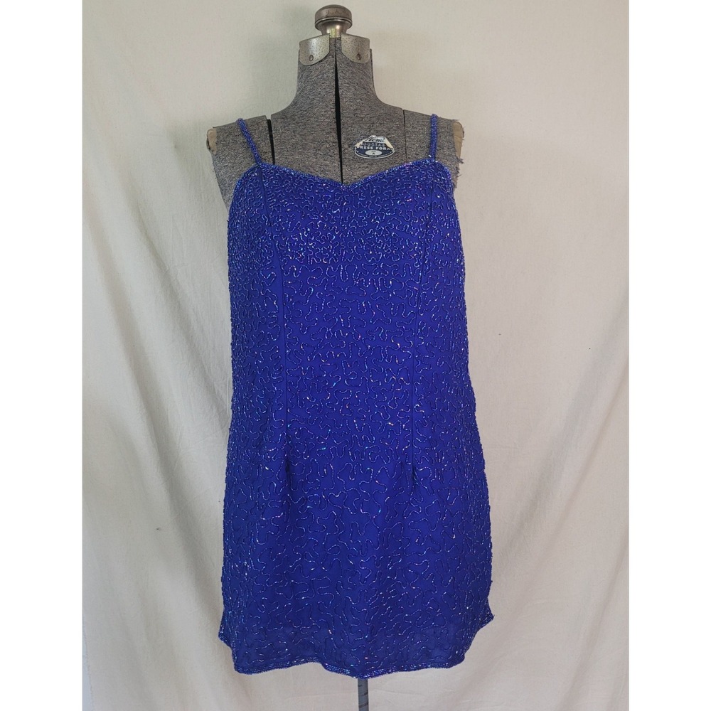 Vintage 70s 80s Silk Cobalt Blue Beaded Plus Tank Top India Fancy Size XL/1XL‎
